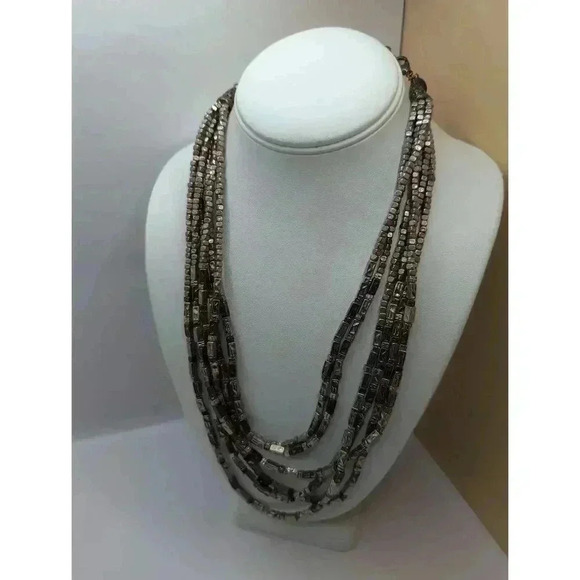Chicos Metallic Multi Strand Necklace Statement Beaded Silver - Picture 1 of 6